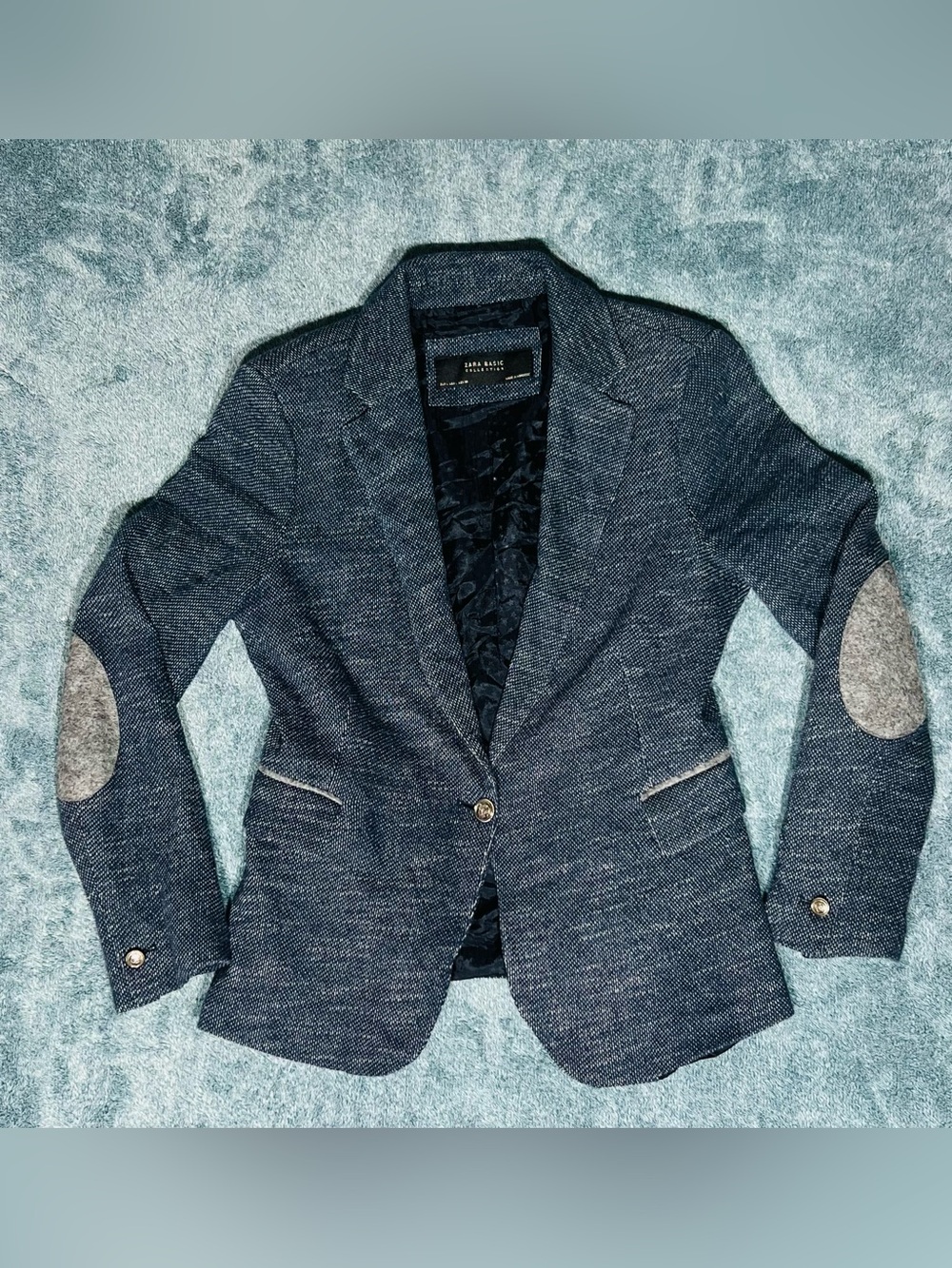 Zara Navy Tweed Blazer Gold Buttons Elbow Patches Large